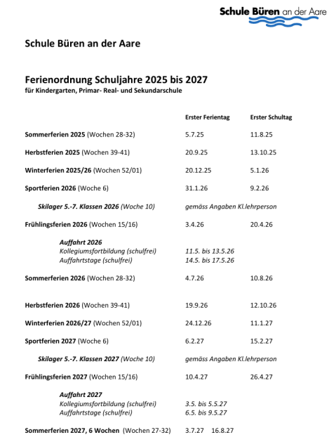Ferienordnung-Büren a. Aare 2025 - 2027